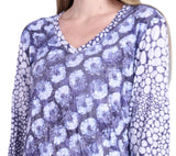 Shana 25603NV Navy and White Floral Mixed Pattern Crinkle Long Sleeve V-Neck Top