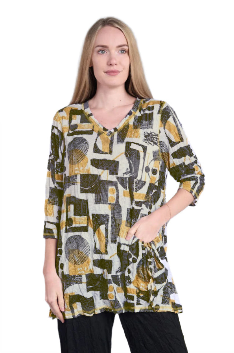 Shana 25615MUS Mustard Tunic Length V-Neck 3/4 Sleeve Crinkle One Pocket Top