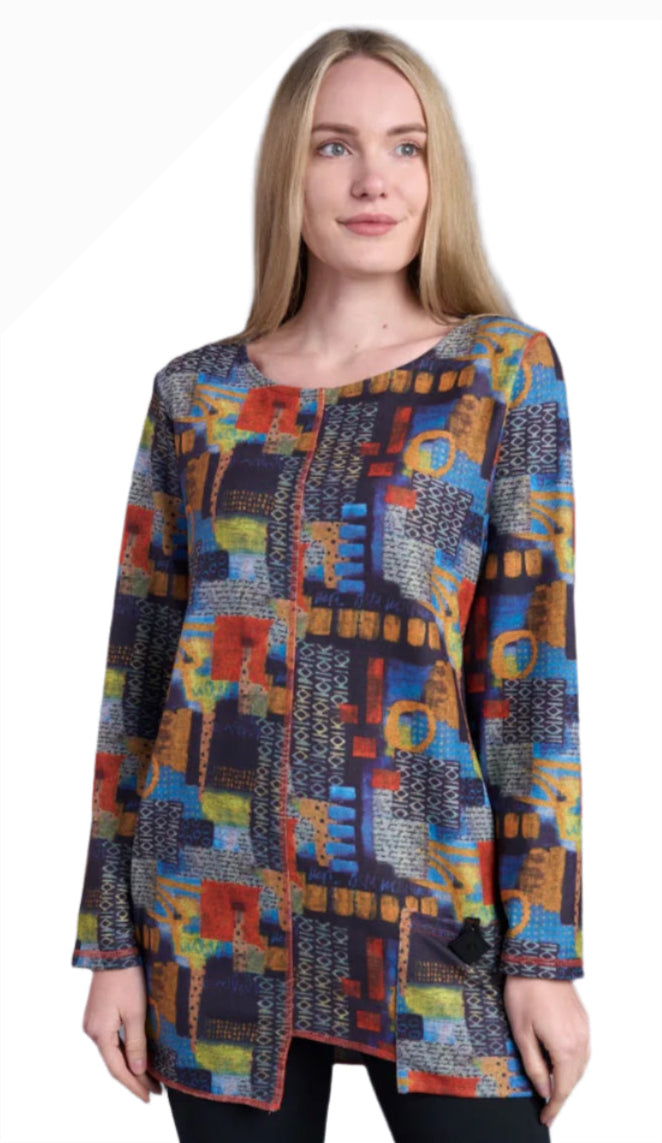 Shana 25632MU Multicolor Fleece Unstitched Asymmetric Hem One Pocket Top