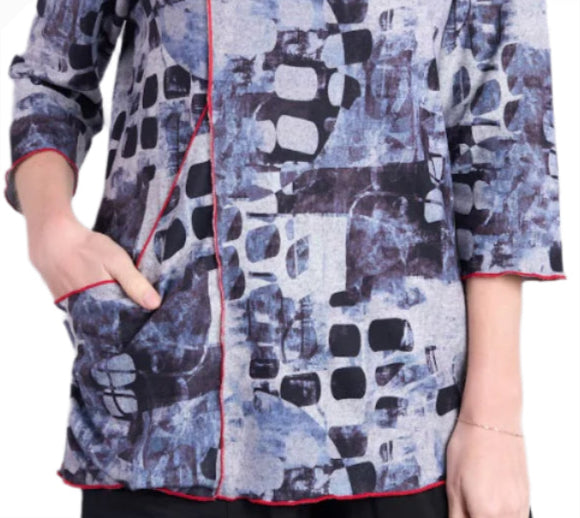 Shana 25658BK Black Fleece Contrast Stitch Pocket Top