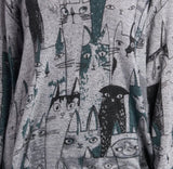 Shana 25703C Cat Printed V-Neck Long Sweater