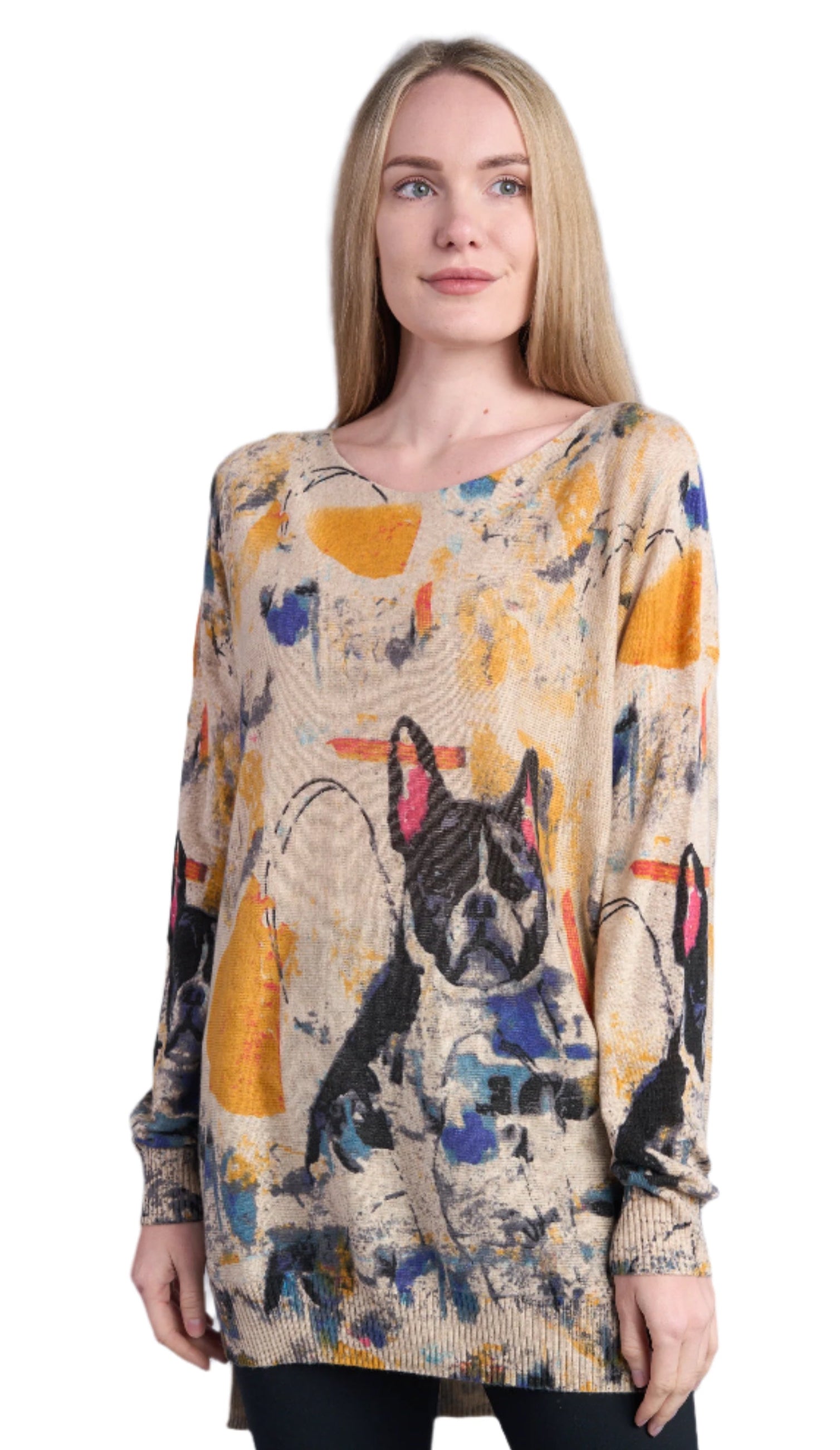 Shana 25704D Dog Printed Dolman Sleeve Long Sweater