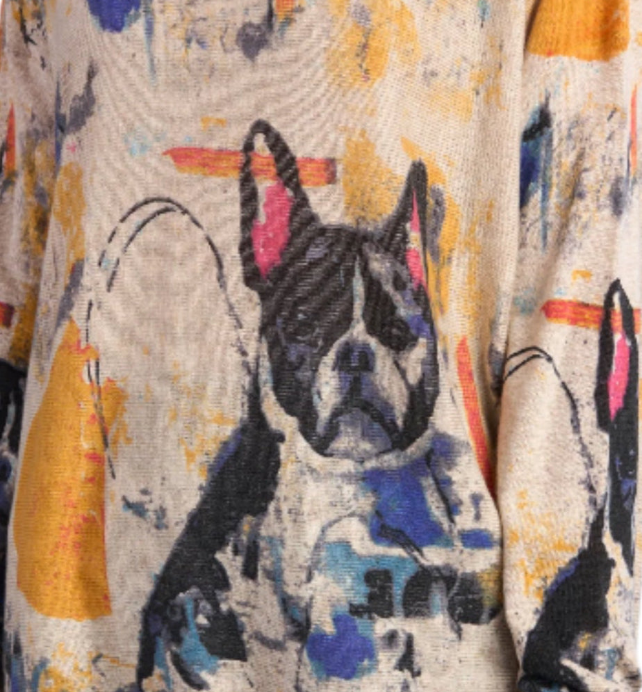 Shana 25704D Dog Printed Dolman Sleeve Long Sweater