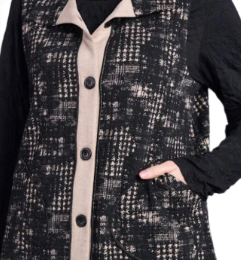 Shana 25821BK Black and Cream Jacquard Patch Button Front Vest