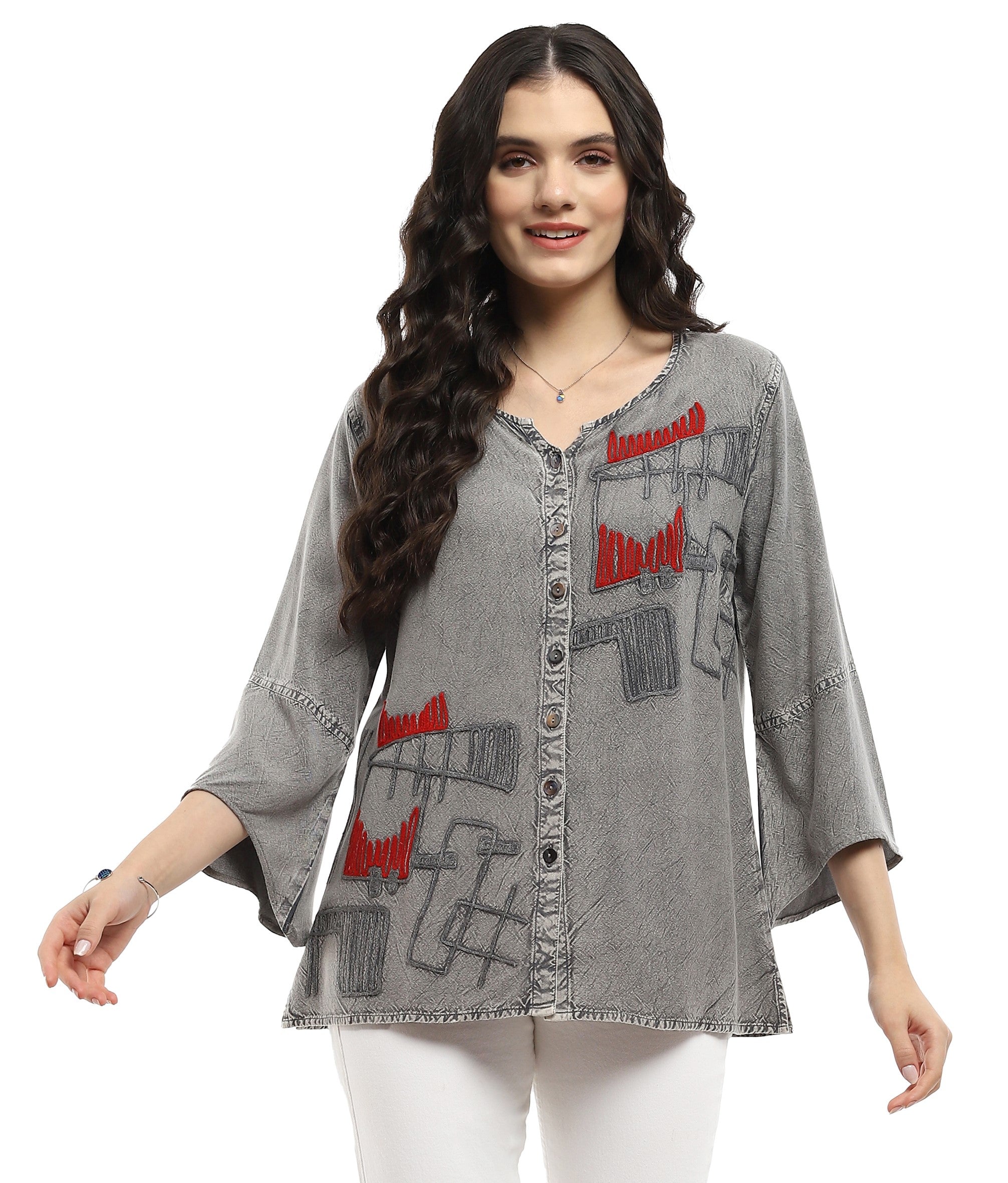 Parsley & Sage 25S481CS Silver Zelda Long Bell Sleeve 100% Rayon Top