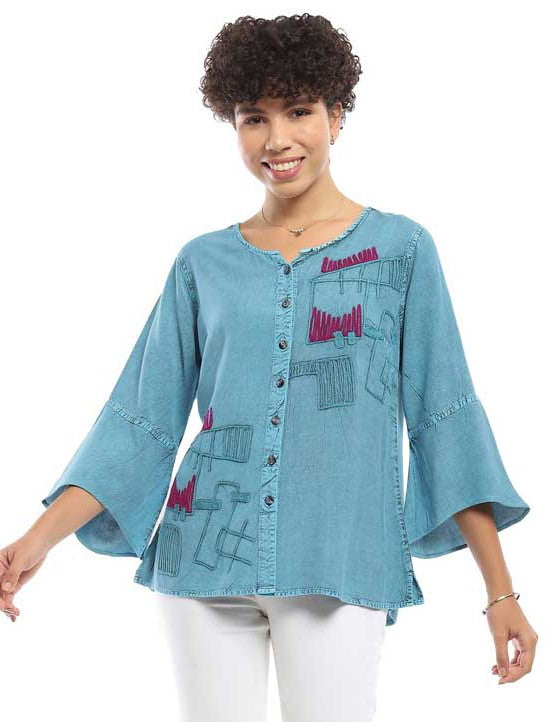 Parsley & Sage 25S481CT Turquoise Zelda Long Bell Sleeve 100% Rayon Top