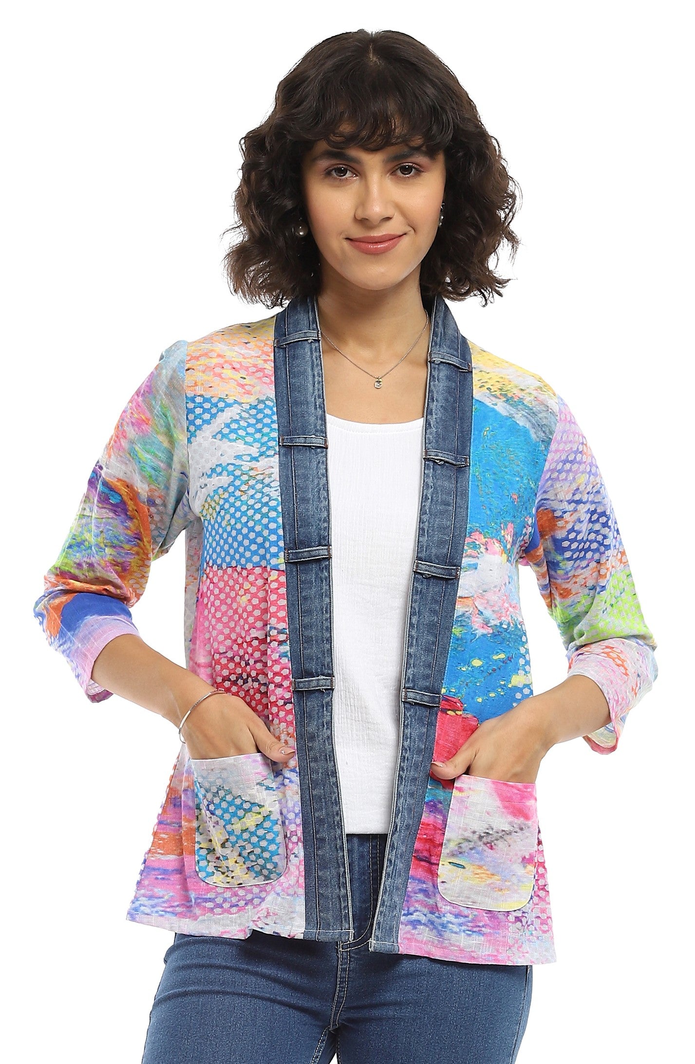 Parsley & Sage 25T47E26 Zoey 100% Cotton Multicolor 3/4 Sleeve Open Jacket With Pockets