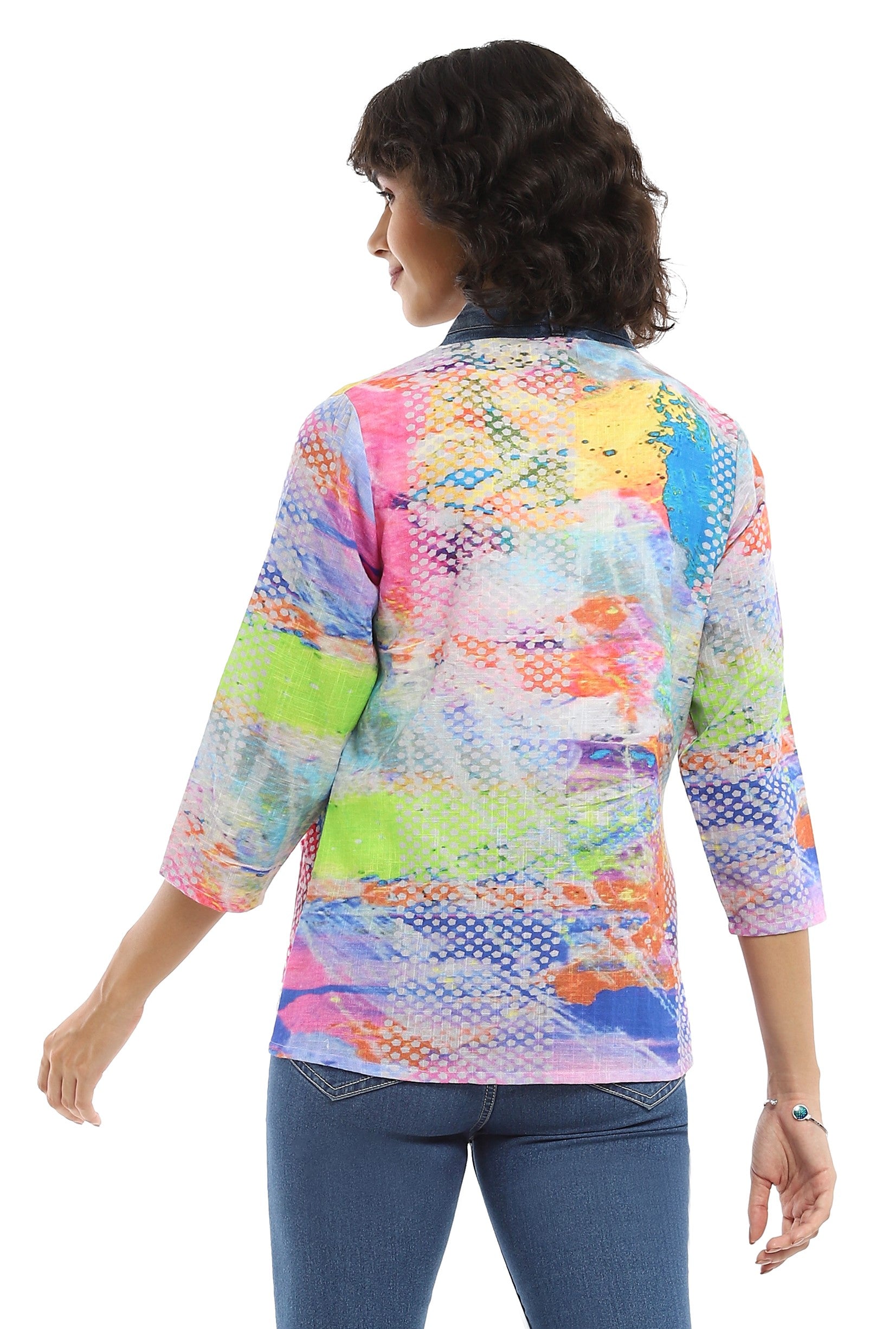 Parsley & Sage 25T47E26 Zoey 100% Cotton Multicolor 3/4 Sleeve Open Jacket With Pockets