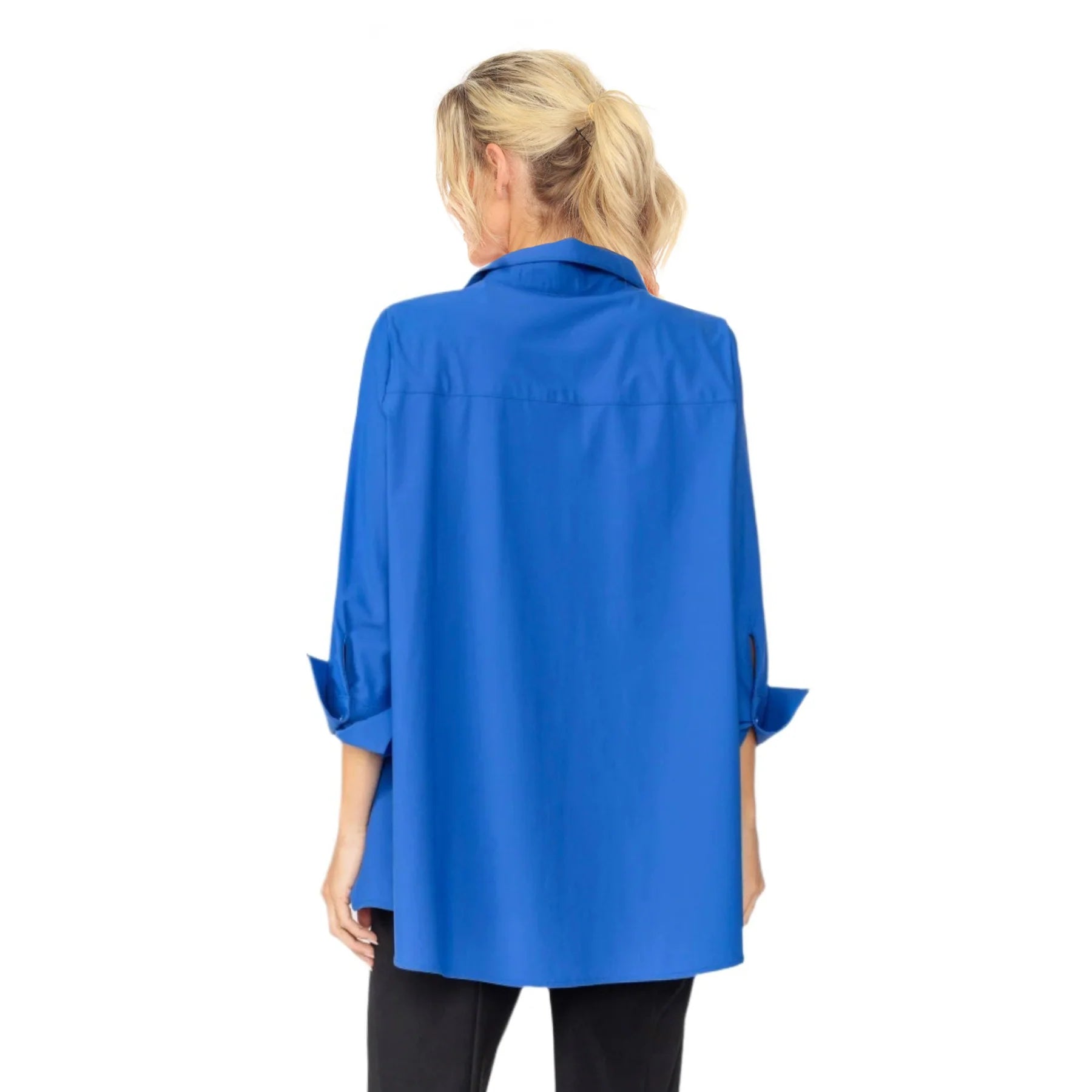 IC Collection 3778BBU Blue Prada Button Front Swing Blouse