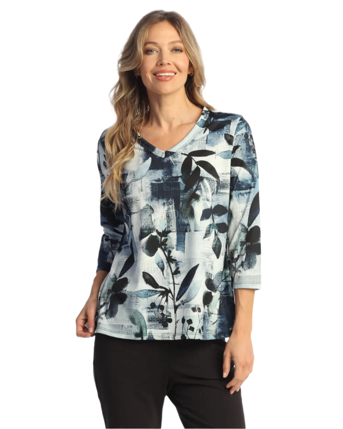 Jess & Jane AJ22142 PRIMROSE Soft V-Neck Top With Side Slits