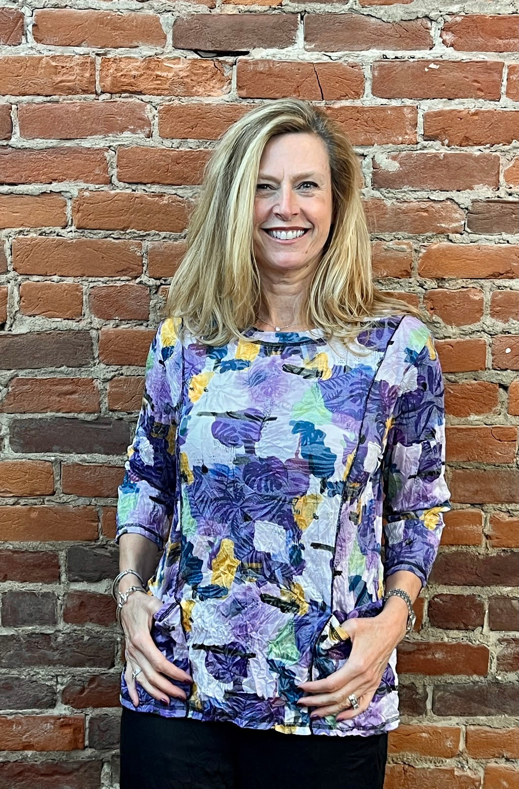 Shana 26000P Purple Color Patch 3/4 Sleeve Round Neck Top With Pockets