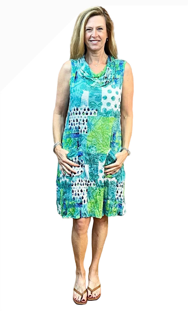 Shana 26013GN Green Draped Cowl Neck Sleeveless Crinkle Pocket Dress