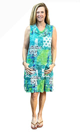 Shana 26013GN Green Draped Cowl Neck Sleeveless Crinkle Pocket Dress