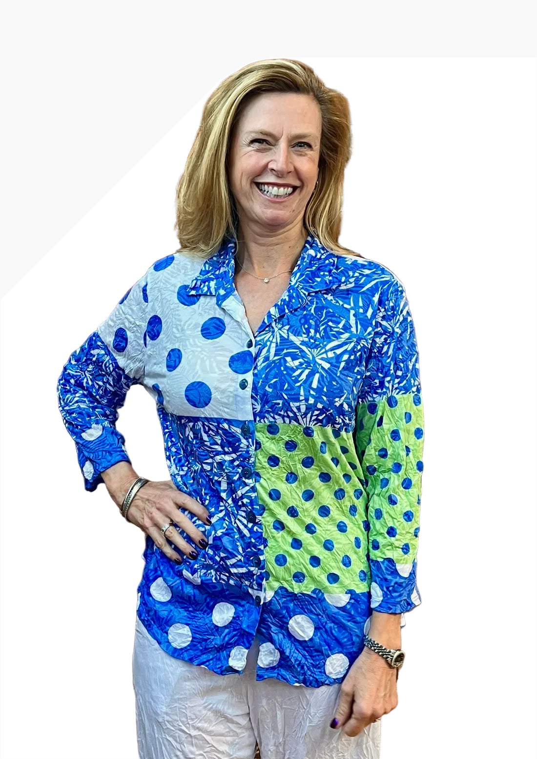 Shana 26022NV Navy and Green Polka Dot 3/4 Sleeve Button Front Blouse