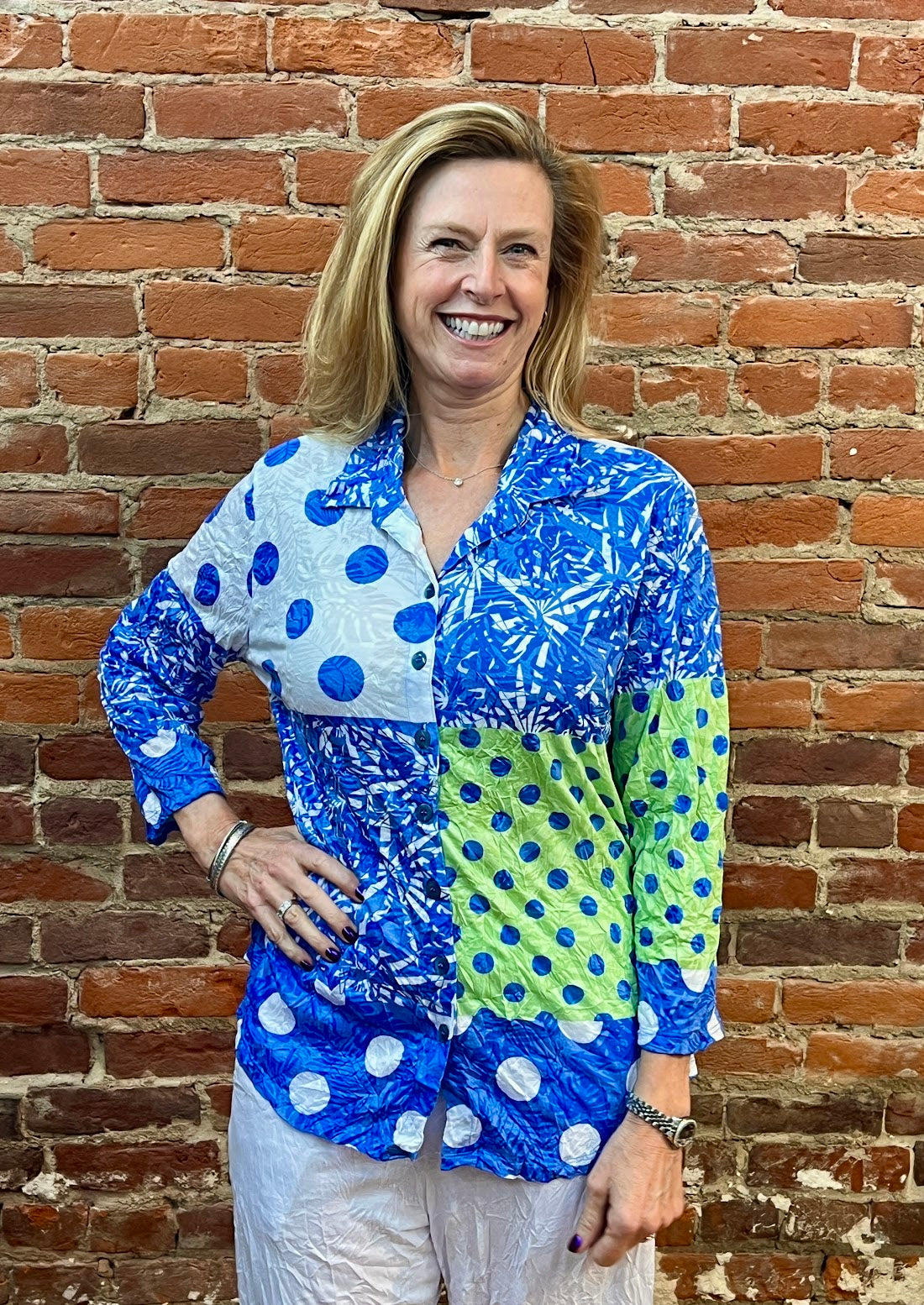 Shana 26022NV Navy and Green Polka Dot 3/4 Sleeve Button Front Blouse