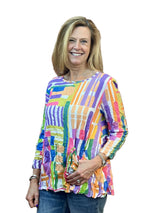 Shana 26086MU Multicolor Crew Neck 3/4 Sleeve Crinkle Top With Pocket