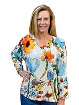Shana 26151MU Multicolor Floral Print V-Neck 100% Cotton Long Sleeve Top