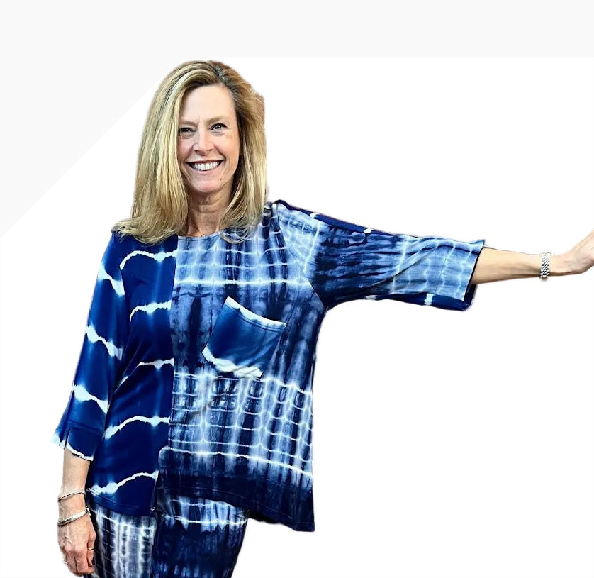 Shana 26278BU Blue Tie Dye Shibori Mix Media Pocket Top