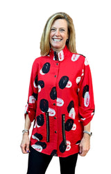 Shana 26309RD Red Button Front Tunic Top With Black and White Circles Print