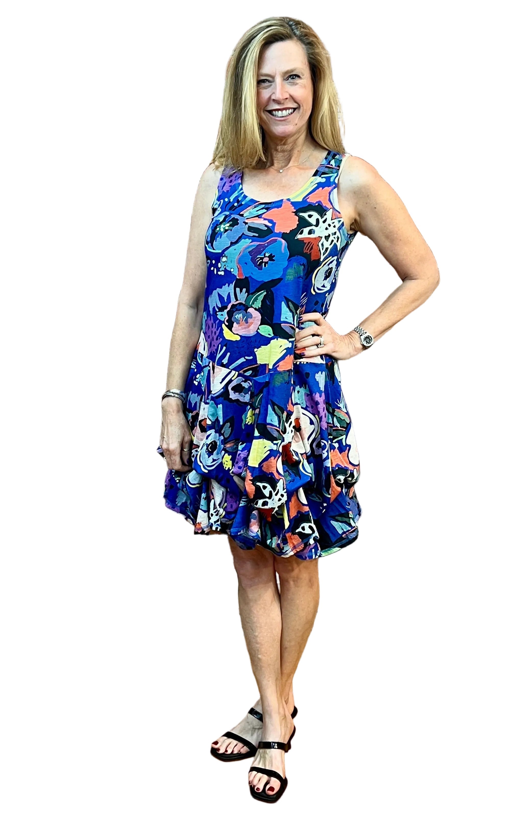 Shana 26458FL Floral 100% Cotton Slub Knit Sleeveless Bubble Dress