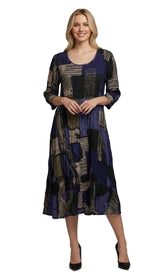Shana 26507PU PURPLE Geometric Color Block Scoop Neck 3/4 Sleeve Crinkle Dress