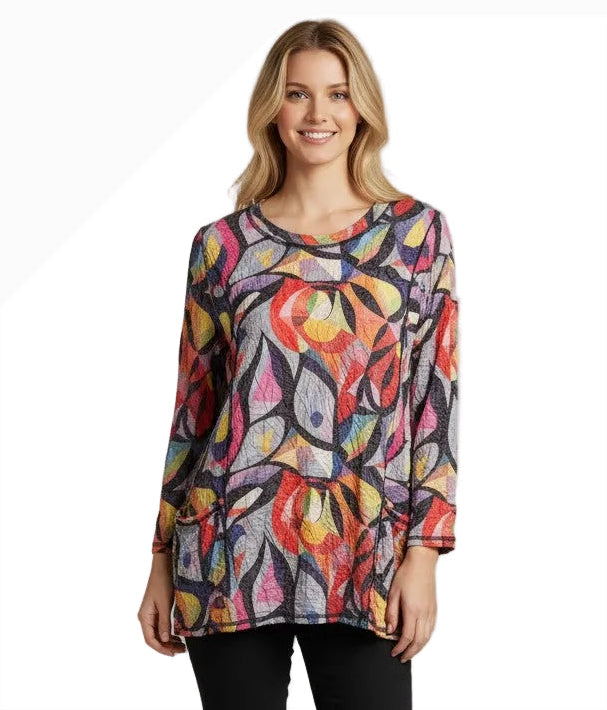 Shana 26600MU Multicolor Tunic Length Stitch Detail Long Sleeve Crinkle Two Pocket Top