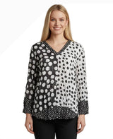 Shana 26604BW Black & White Polka Dot V-Neck Long Sleeve Crinkle Top