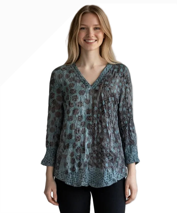 Shana 26604TL Teal Polka Dot V-Neck Long Sleeve Crinkle Top