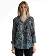 Shana 26604TL Teal Polka Dot V-Neck Long Sleeve Crinkle Top