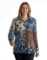 Shana 26609NV Navy Patchwork Polka Dot Long Sleeve Button Front Crinkle Blouse