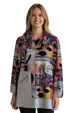 Shana 26627PU PURPLE Fleece Mixed Media Cowl Neck Long Sleeve Zip Top