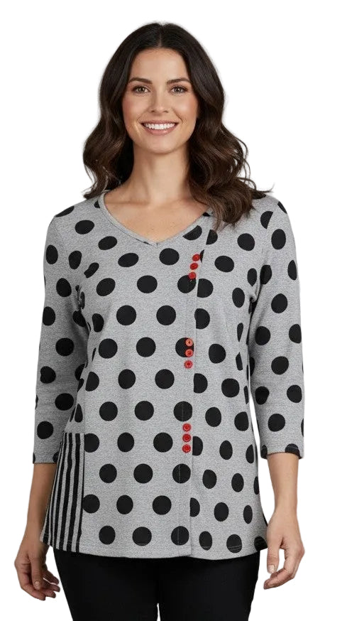 Shana 26637BK BLACK Fleece Polka Dot On Grey 3/4 Sleeve V-Neck Pullover With Contrasting Stripe Pocket