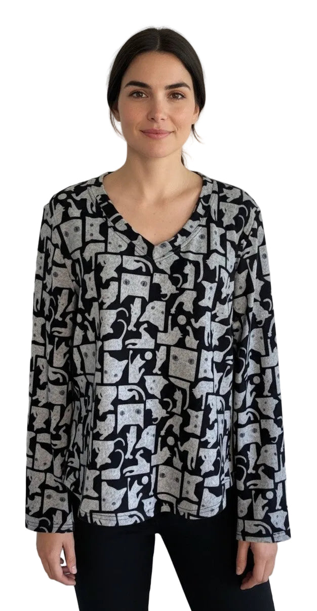 Shana 26638CT CAT Black & Gray Cat Print Fleece Button Detail V-Neck Long Sleeve Pullover