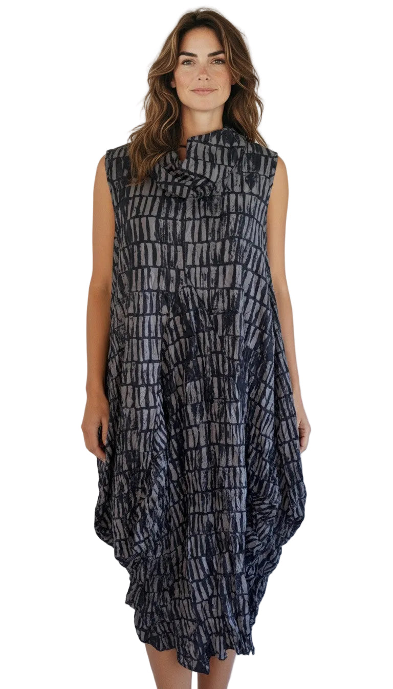 Shana 26649GY GREY Woven Printed Sleeveless Draped Cowl Cinched Hem Dress