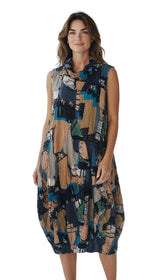 Shana 26649KH KHAKI Multicolor Woven Printed Sleeveless Draped Cowl Cinched Hem Dress
