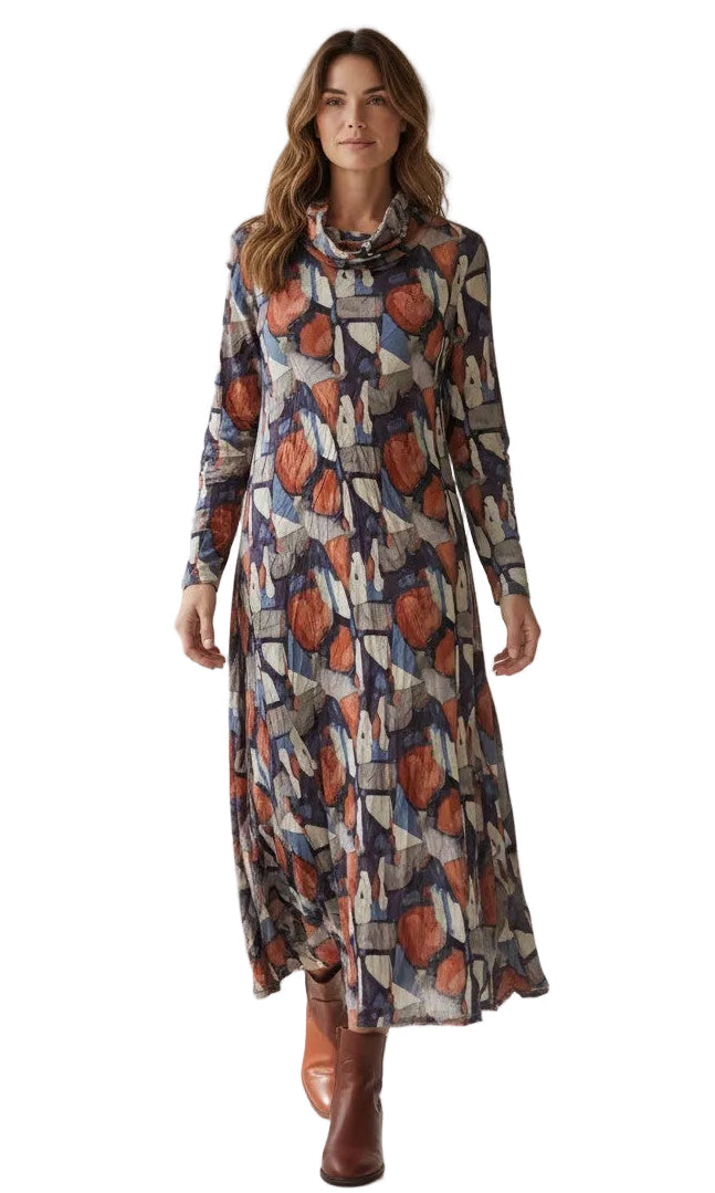 Shana 26672RU RUST Draped Cowl Neck Long Sleeve Mesh Dress