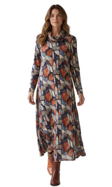 Shana 26672RU RUST Draped Cowl Neck Long Sleeve Mesh Dress