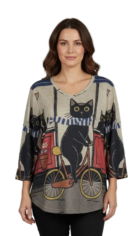 Shana 26730CT CAT ON A BYCYCLE Slub Knit 3/4 Sleeve V-Neck Pullover