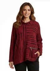 Shana 26822RD RED Mock Neck Long Sleeve Pullover Top With Zipper Pocket Detail