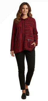 Shana 26822RD RED Mock Neck Long Sleeve Pullover Top With Zipper Pocket Detail