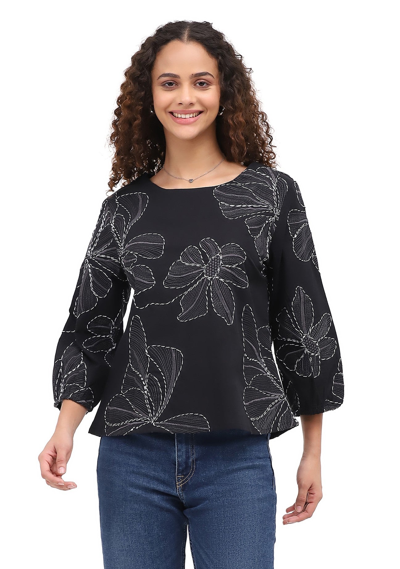 Parsley & Sage 26F523CCH CHARCOAL Embroidered Floral Print Flared Hem Top
