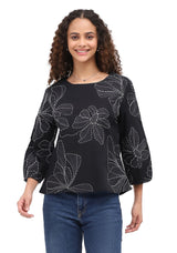 Parsley & Sage 26F523CCH CHARCOAL Embroidered Floral Print Flared Hem Top