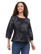Parsley & Sage 26F523CCH CHARCOAL Embroidered Floral Print Flared Hem Top