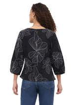 Parsley & Sage 26F523CCH CHARCOAL Embroidered Floral Print Flared Hem Top