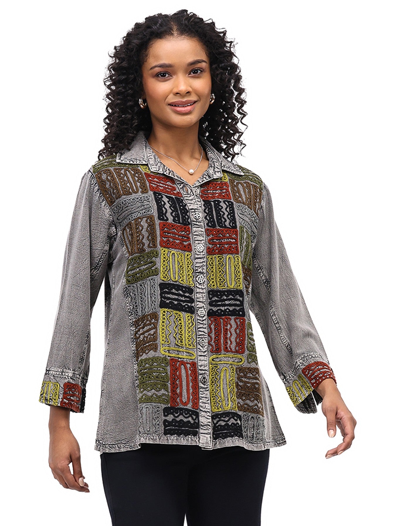 Parsley & Sage 26F547GSV SILVER Embroidered Long Sleeve Button Front Shirt