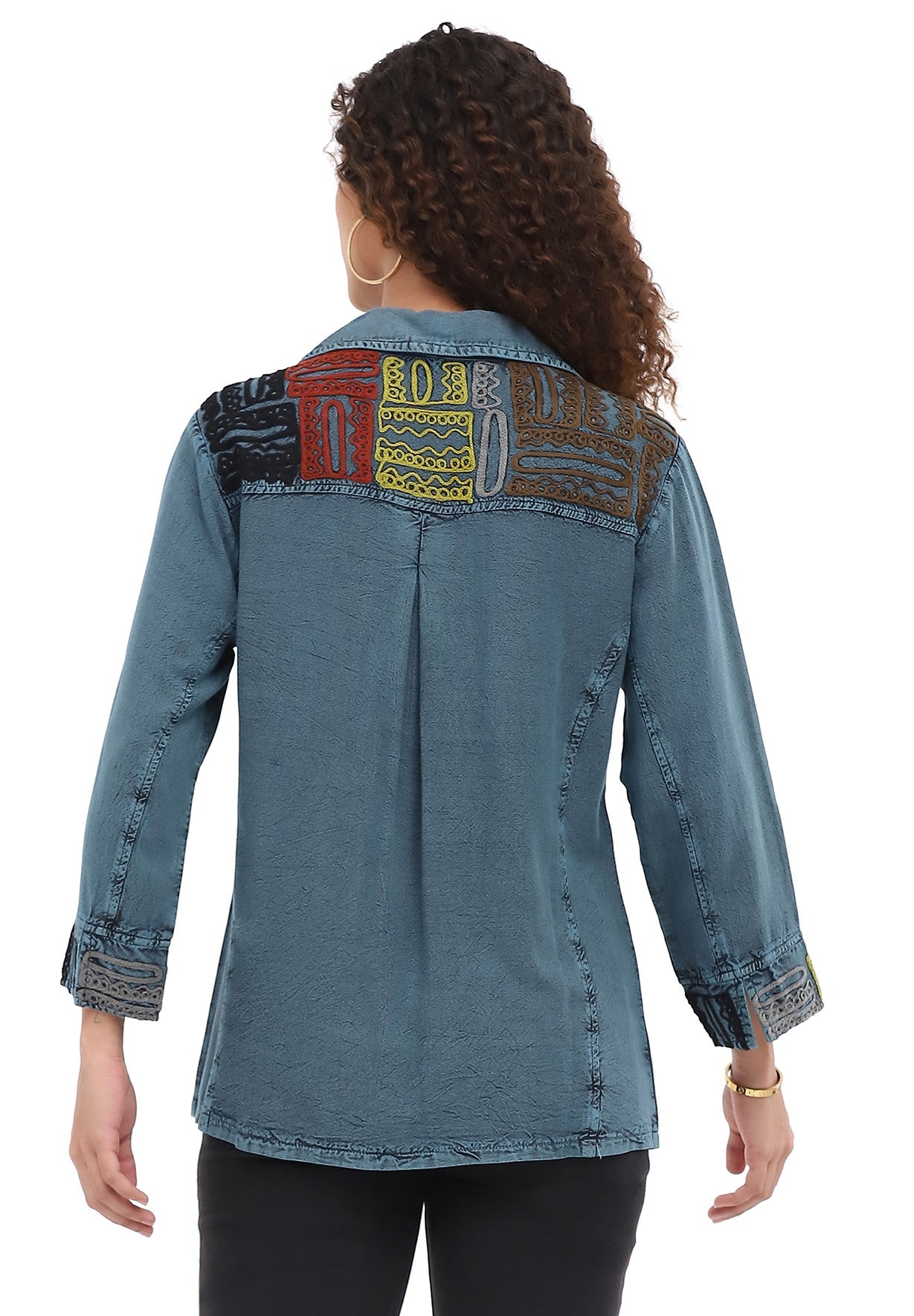 Parsley & Sage 26F547GTL TEAL Embroidered Long Sleeve Button Front Shirt