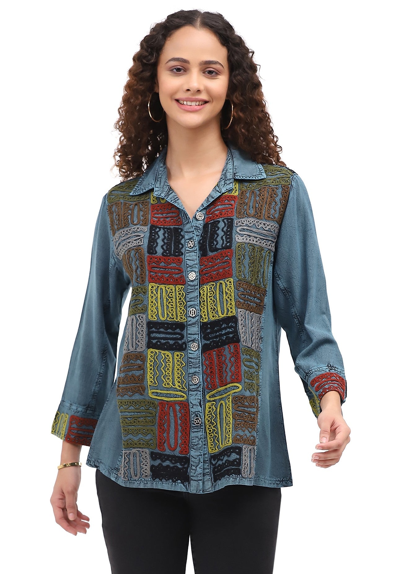 Parsley & Sage 26F547GTL TEAL Embroidered Long Sleeve Button Front Shirt