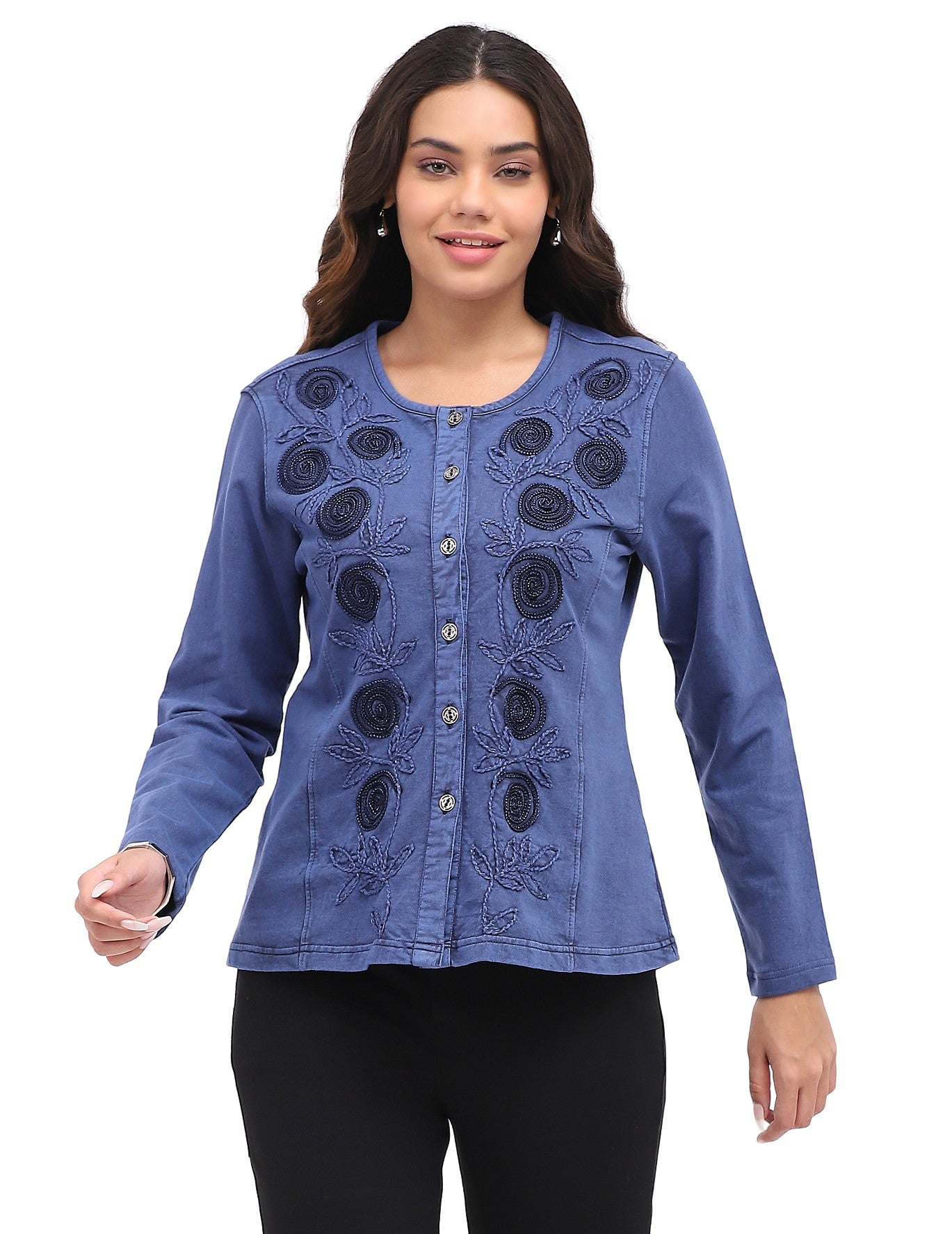 Parsley & Sage 26F568GBU BLUE 100% Cotton Knit Embroidered Floral Long Sleeve Button Front Sweater
