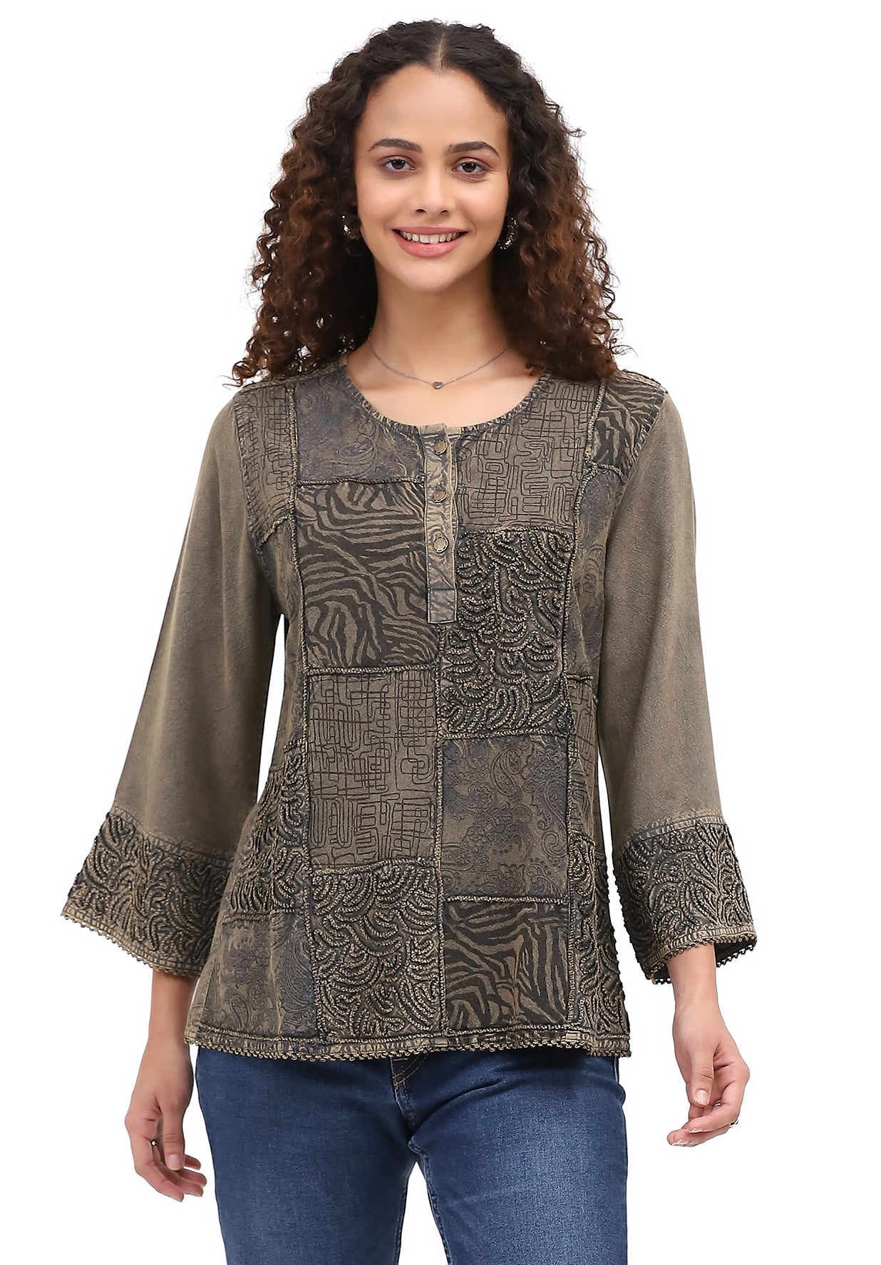 Parsley & Sage 26F590COV OLIVE Embroidered Patchwork Bell Cuff Shirt