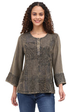 Parsley & Sage 26F590COV OLIVE Embroidered Patchwork Bell Cuff Shirt